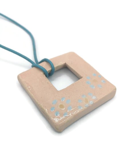 Extra Large Handmade Ceramic Necklace Pendant For Jewelry Making, Eclectic Clay Charm Hand Painted Square Shape Ceramic Components For Women - Ceramica Ana Rafael