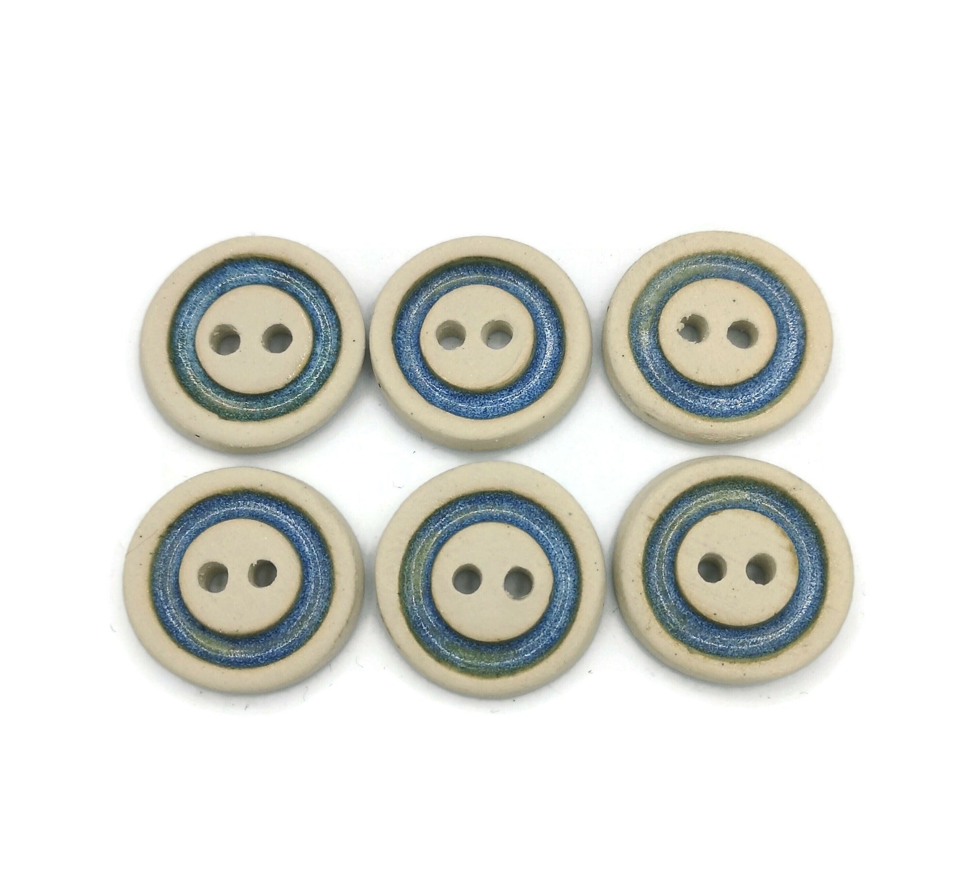 6Pc 25mm/1in Handmade Ceramic Sewing Buttons, Matte Beige With Glossy Blue Accent, Novelty Clay Buttons For Crafts, Unique Pottery Buttons - Ceramica Ana Rafael