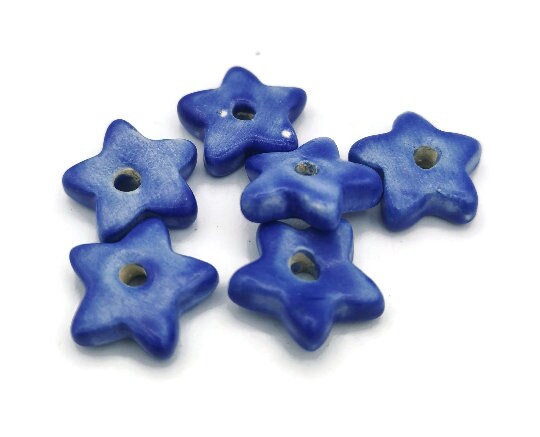 6Pc Clay Star Beads For Jewelry Making, Blue or Yellow Handmade Ceramic Macrame Beads , Cute Unusual Porcelain Beads - Ceramica Ana Rafael