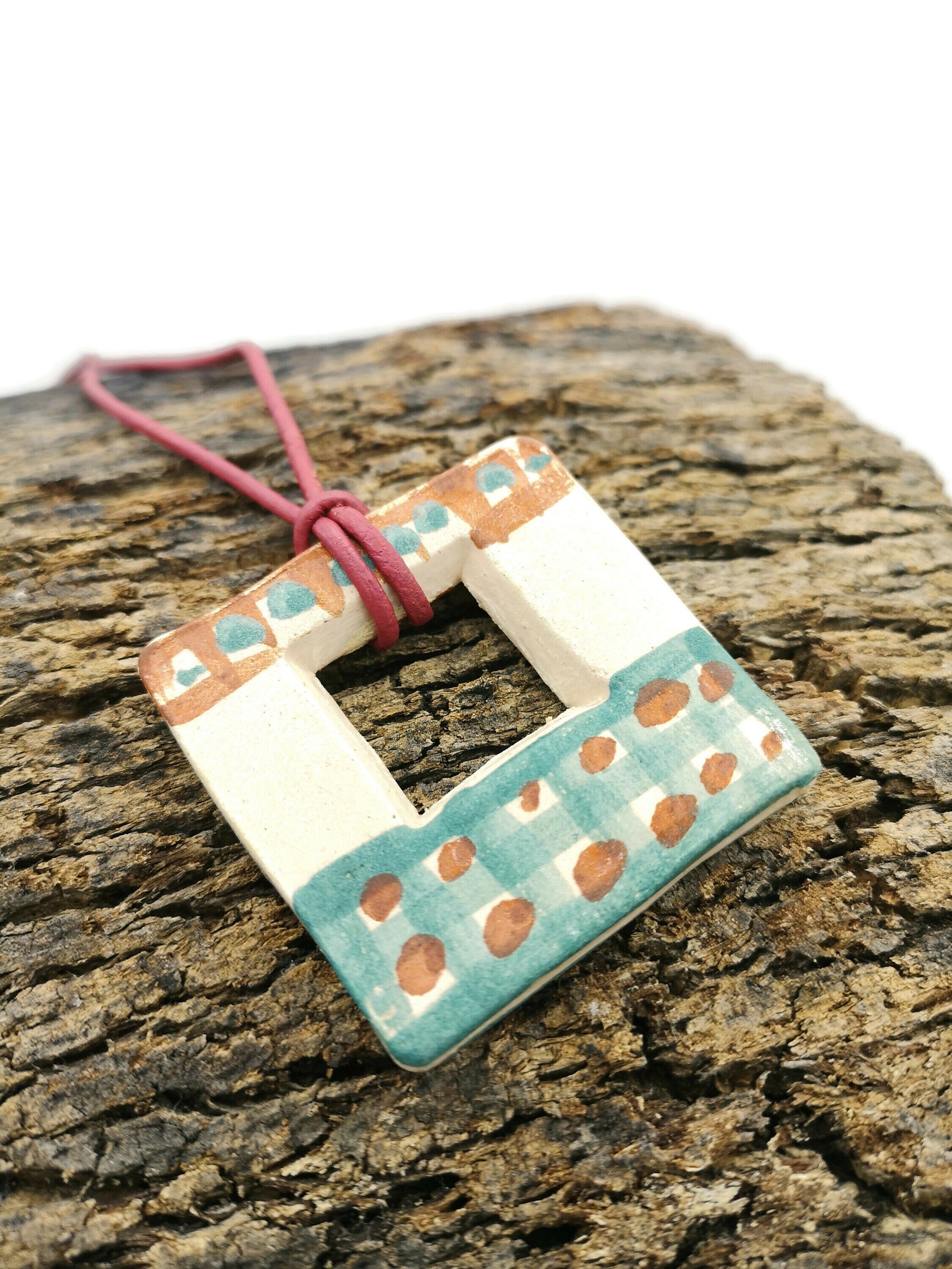 Geometric Pendant For Jewelry Making, Handmade Ceramic Necklace Pendant, Unique Jewelry Charms, Hand Painted Large Pendant Square Shaped - Ceramica Ana Rafael