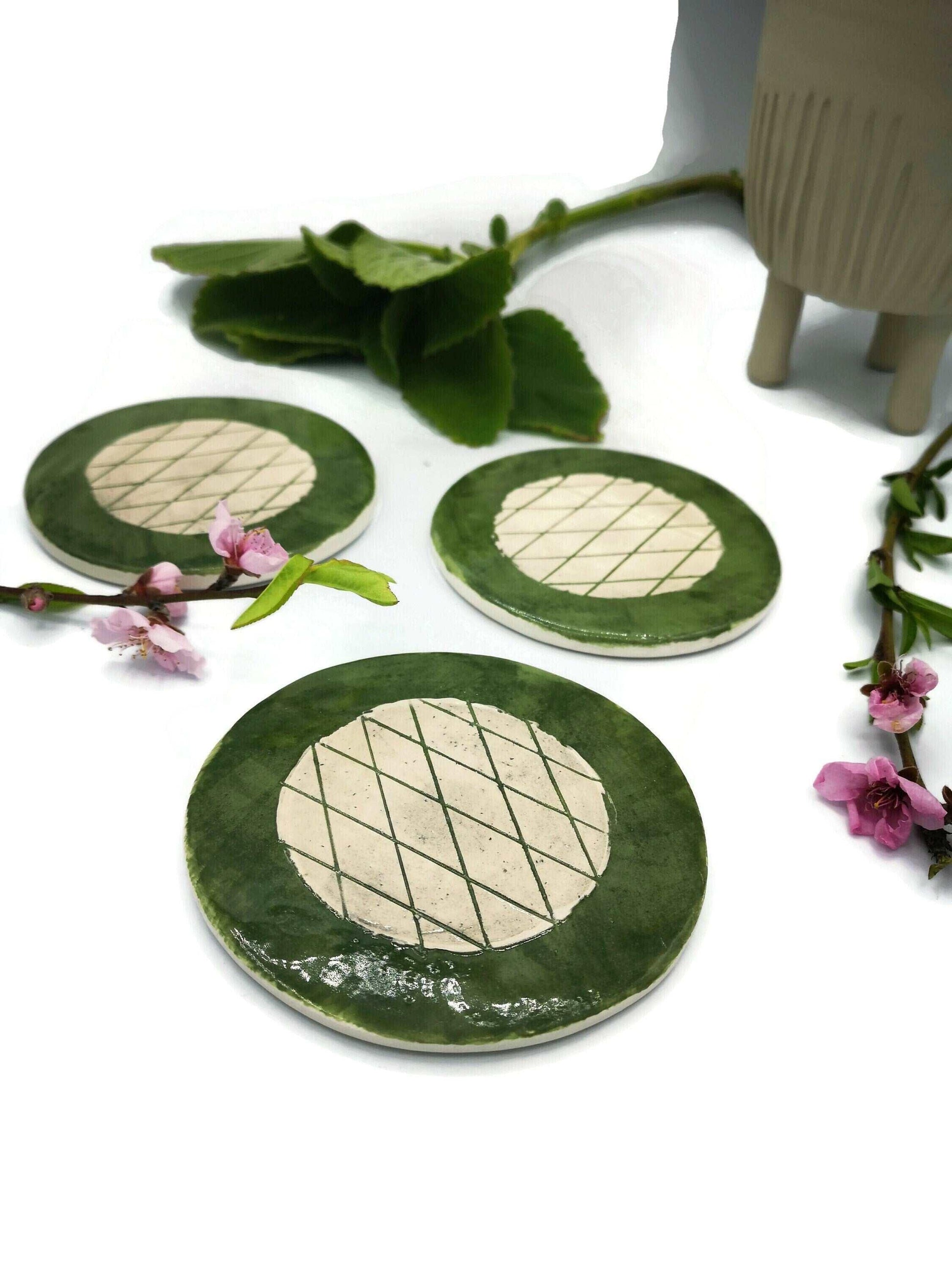 1Pc Handmade Ceramic Geometric Coaster For Drinks, Housewarming Gift First Home, Green Coasters Best Office Desk Accessories Gifts For Him