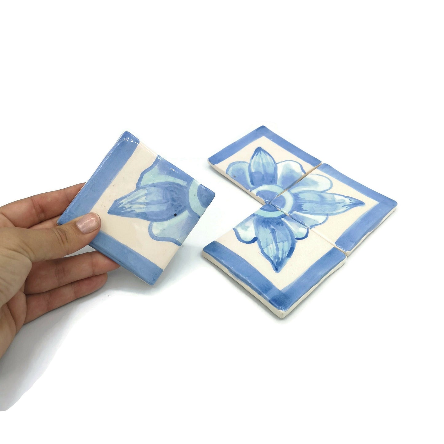 15cm/5.9in Handmade Ceramic Blue And White Tile Panel With Hand Painted Floral Motif, Square Mosaic Panel Kitchen Backsplash Portuguese Tile - Ceramica Ana Rafael