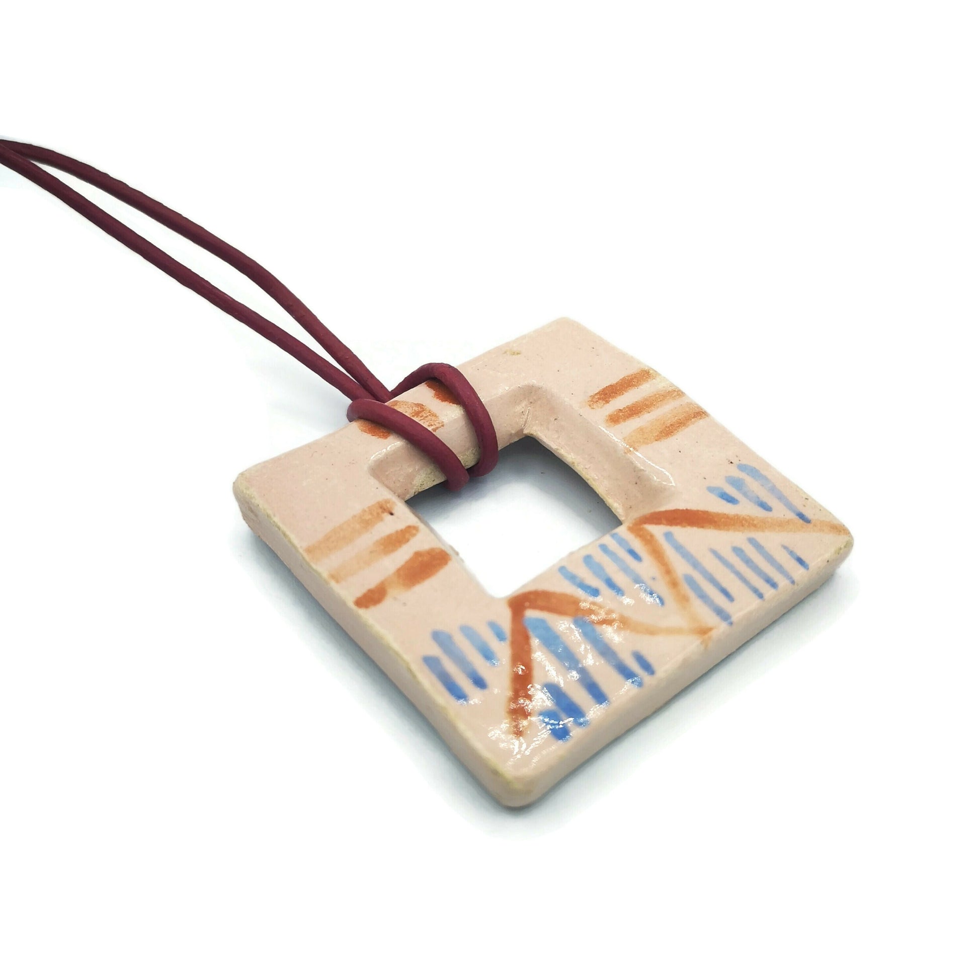 Extra Large Handmade Ceramic Necklace Pendant For Jewelry Making, Eclectic Clay Charm Hand Painted Square Shape Ceramic Components For Women - Ceramica Ana Rafael