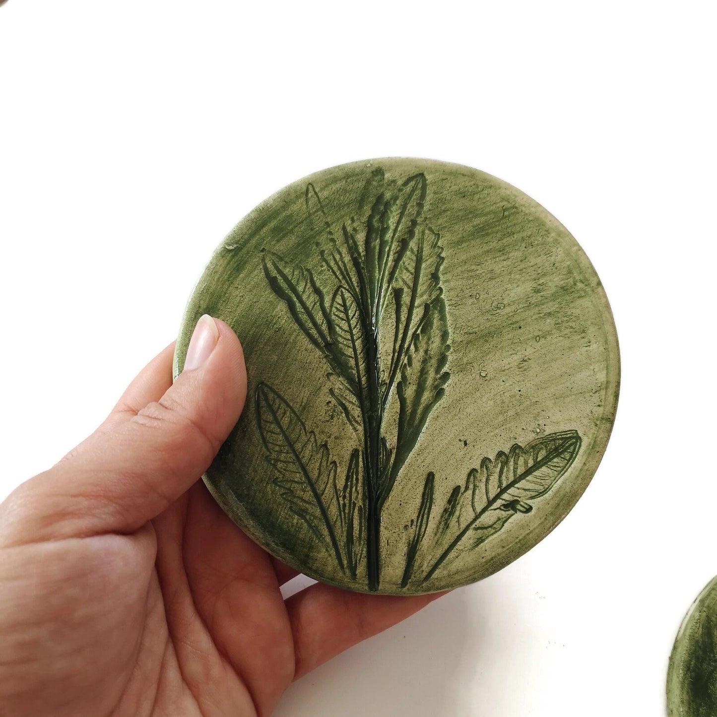 3Pcs Handmade Ceramic Coasters, Round Tiles With Cork Back and Green Lavender Leaves Design, Beer Coasters, Unusual Modern Pressed Plant - Ceramica Ana Rafael