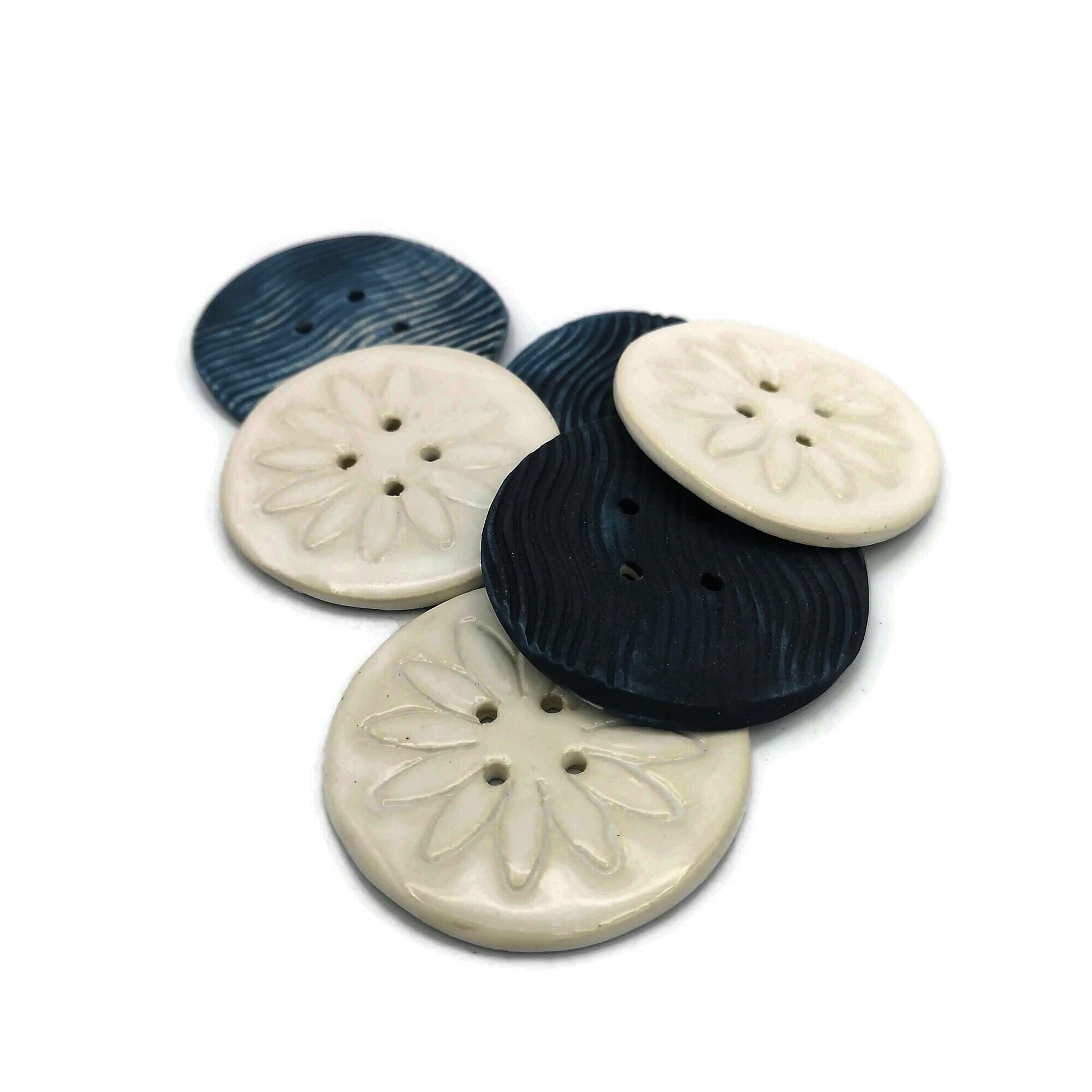 6Pc 65mm Giant Sewing Buttons, Handmade Ceramic Coat Buttons With Flower And Waves Design, Decorative Novelty Buttons for Crafts Extra Large - Ceramica Ana Rafael
