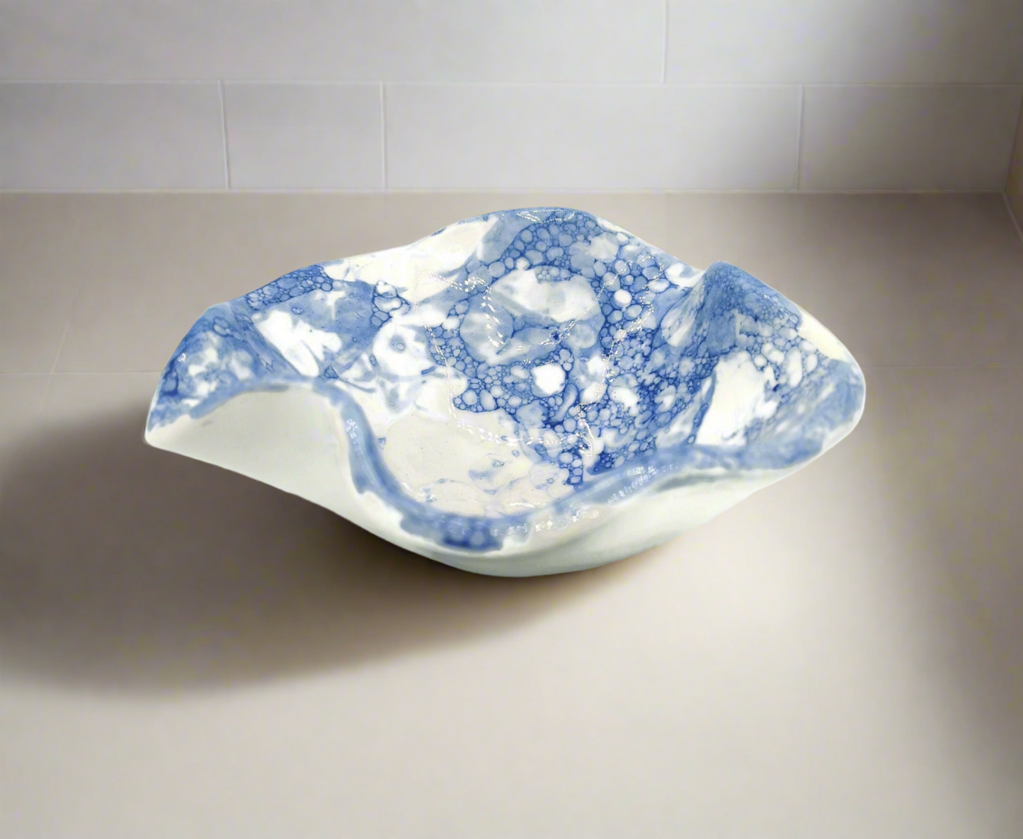 Unique Irregular Shape Handmade Ceramic Trinket Dish - White and Blue Small Clay Soap Bowl for Soap Bars