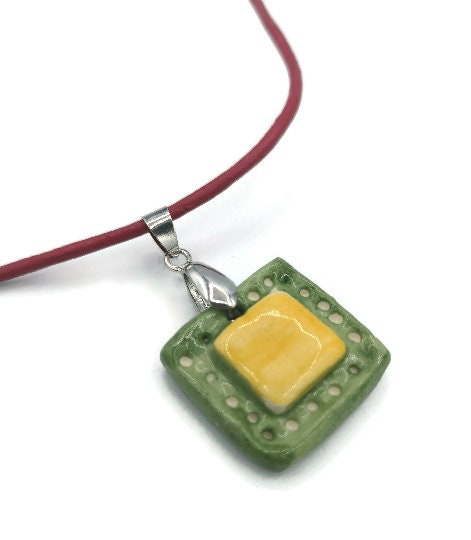 BOHO JEWELRY PENDANT For Necklace, Clay Charms, Custom Pendant Square Shaped, Handmade Ceramic - Ceramica Ana Rafael