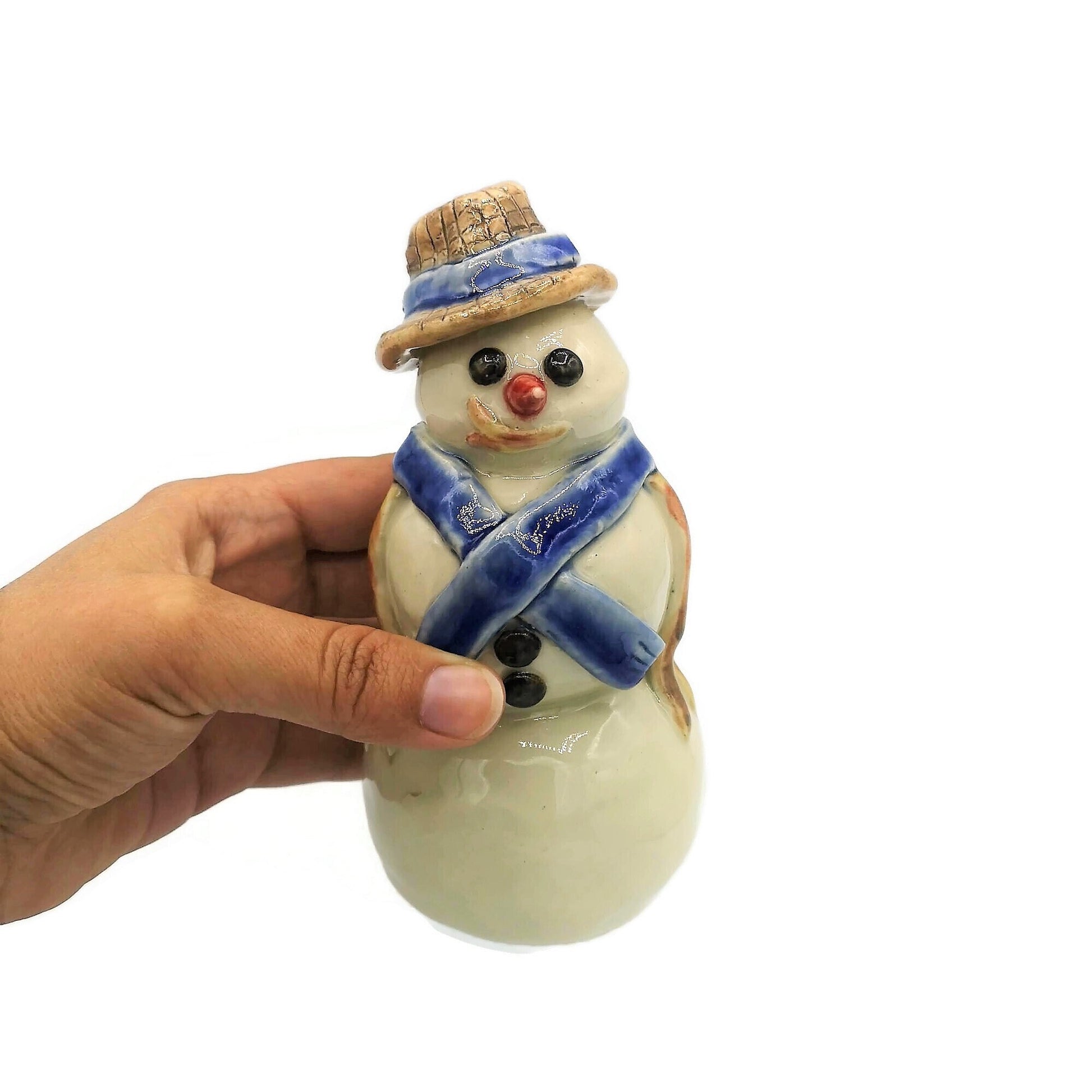 Handmade Ceramic Snowman Christmas Figurines, Housewarming Gift First Home, Cute Snowman Shelf Sitter, Hand Painted Statues & Sculptures - Ceramica Ana Rafael