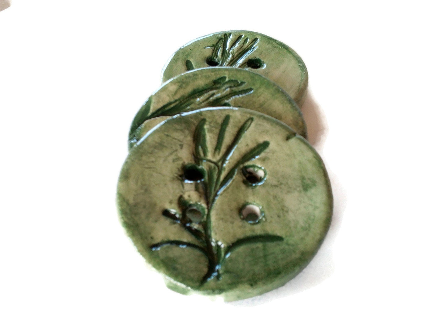 3Pcs 45mm Extra Large Handmade Ceramic Buttons, Round Sewing Buttons, Unique Rosemary Leaves Handmade Pottery Designer Buttons For Crafts - Ceramica Ana Rafael