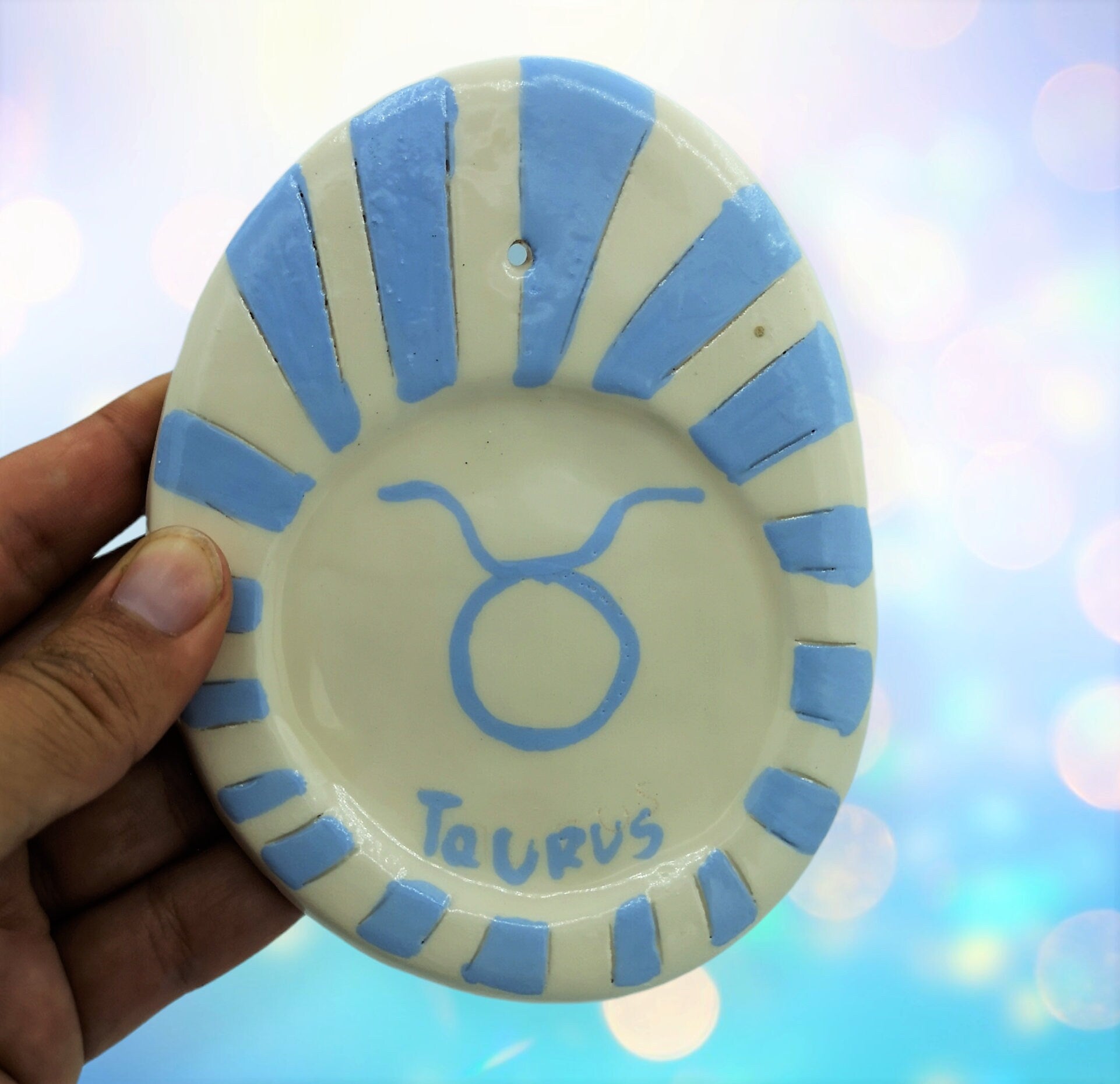 Handmade Ceramic Zodiac Incense Stick Holder, Taurus Birthday Gift For Women, Hand Painted Blue And White Clay Incense Cone Burner - Ceramica Ana Rafael