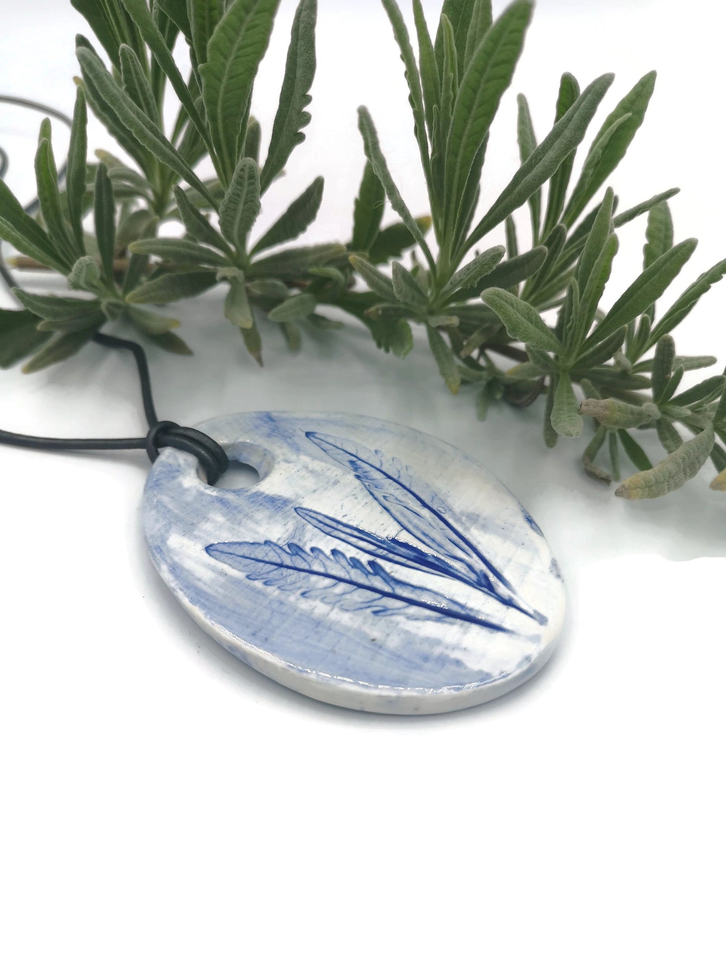 Large Pendant For Necklace, Lavender Leaves Ceramic Charms, Handmade Large Pendant For Jewelry Making - Ceramica Ana Rafael