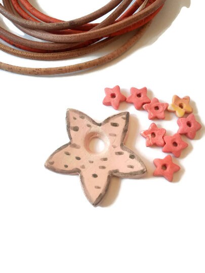 Clay Charms, Unique Jewelry Making Necklace Pendant, Handmade Ceramic Flower Pendant, Large Geometric Pendant Eclectic Jewelry Star Shaped - Ceramica Ana Rafael