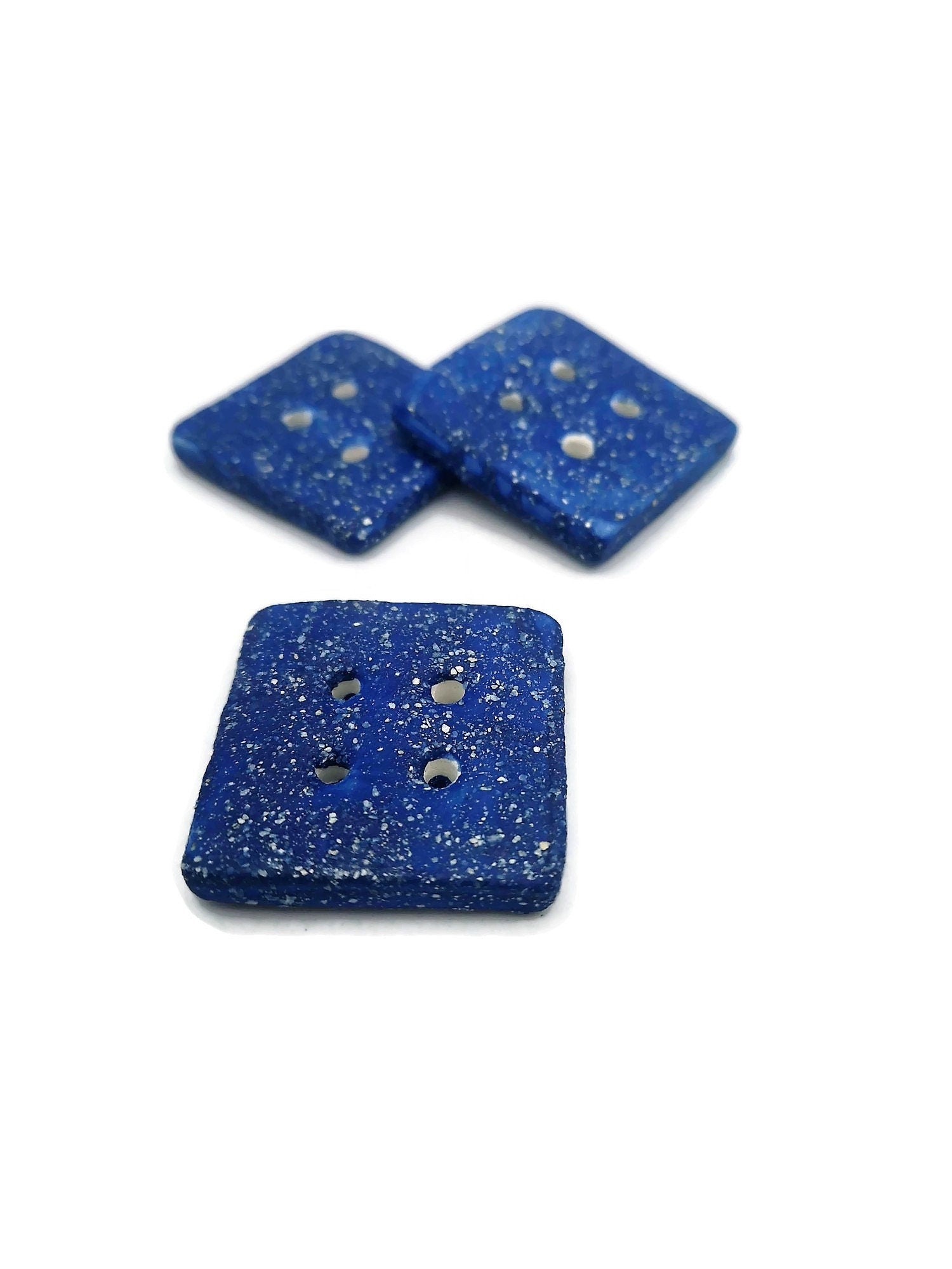 3Pc Extra Large Coat Buttons 40mm, Sparkly Blue Novelty Square Handmade Ceramic Sewing Supplies And Notions, Sewing Buttons For Blouse - Ceramica Ana Rafael