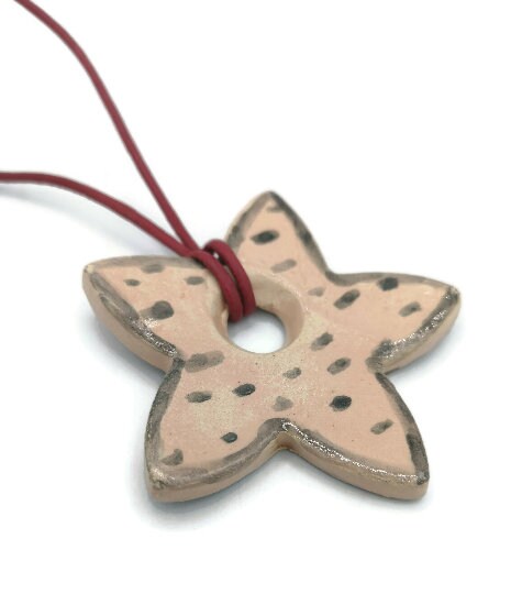 Clay Charms, Unique Jewelry Making Necklace Pendant, Handmade Ceramic Flower Pendant, Large Geometric Pendant Eclectic Jewelry Star Shaped - Ceramica Ana Rafael