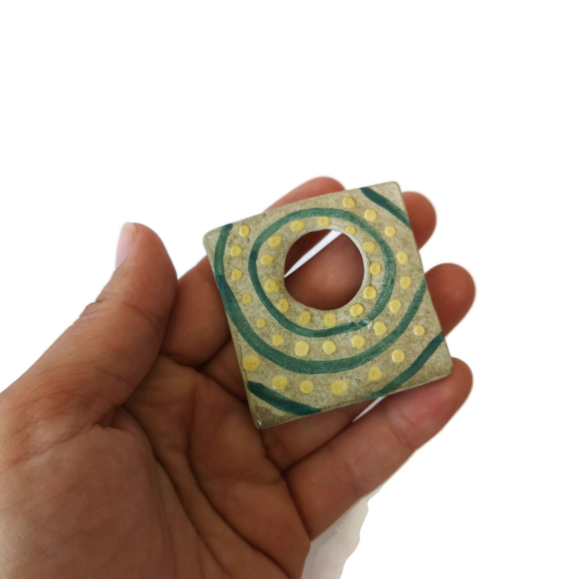 Unique Extra Large Square Necklace Pendant For Statement Jewelry Making, Aesthetic Handmade Ceramic Charm Hand Painted Green And Yellow Clay - Ceramica Ana Rafael