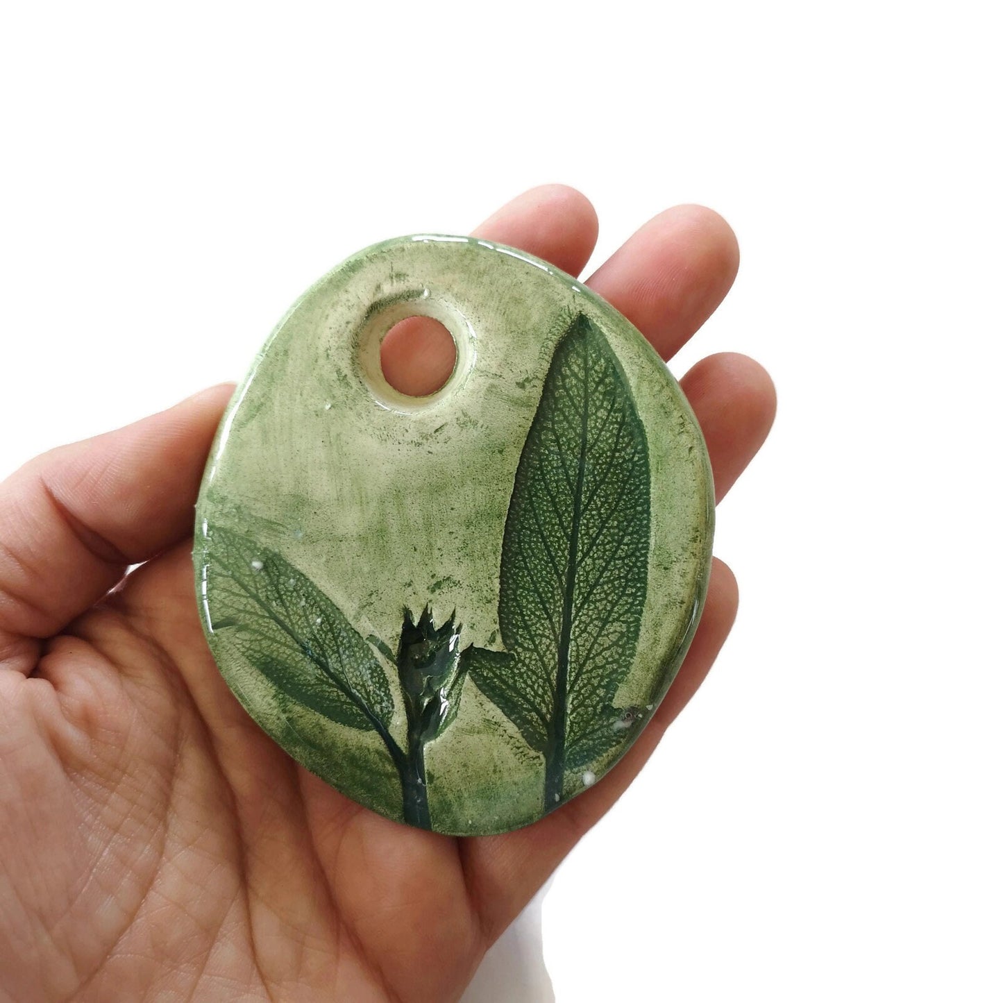 Artisan Extra Large Green Necklace Pendant For Handmade Ceramic Jewelry Making, Pressed Sage Leaves Clay Charms, Statement Eclectic Jewelry - Ceramica Ana Rafael