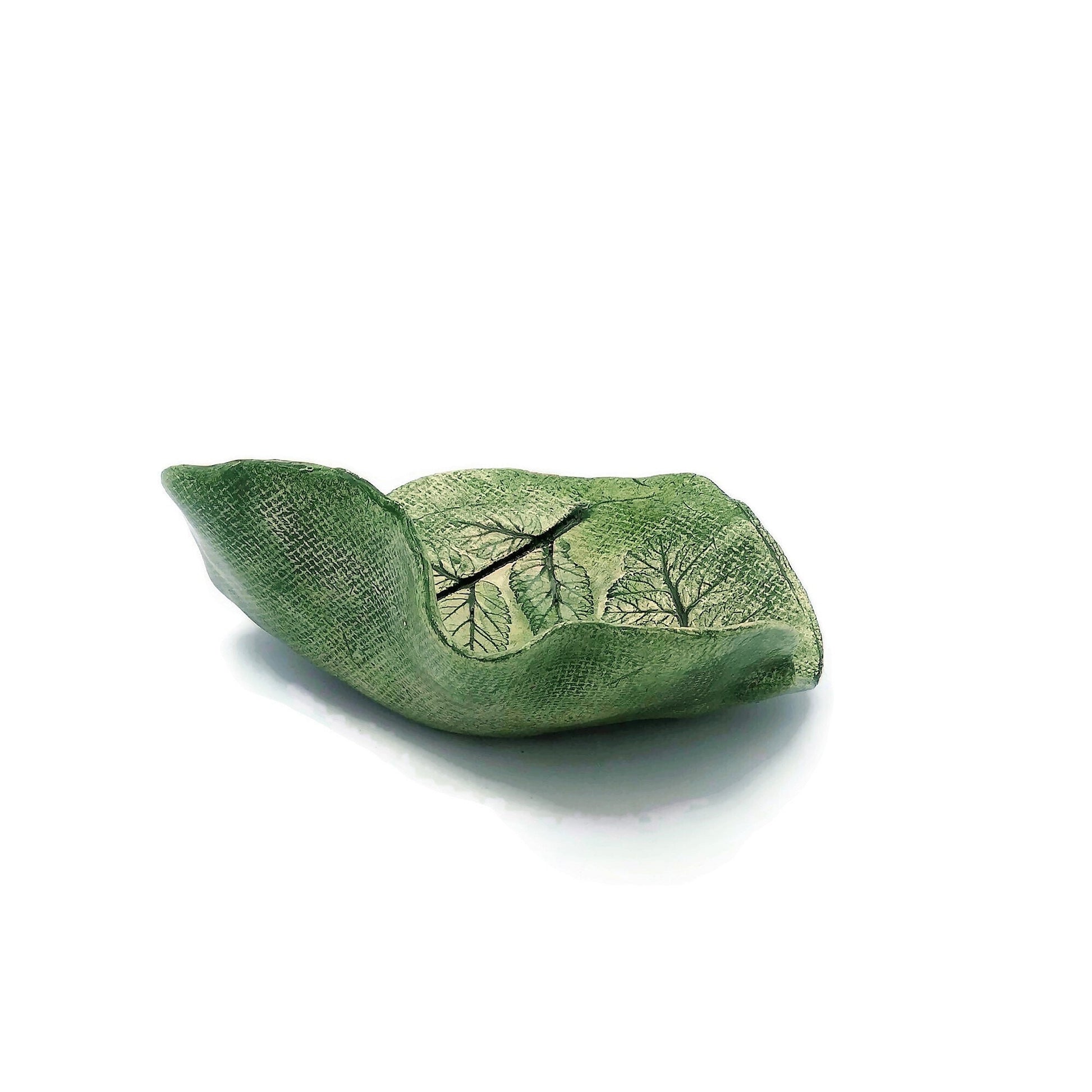 Handmade Ceramic Bowl Irregular Ring Holder, Green Engraved Leaves Organic Portuguese Pottery For Home Decor, Small Unique Decorative Tray - Ceramica Ana Rafael