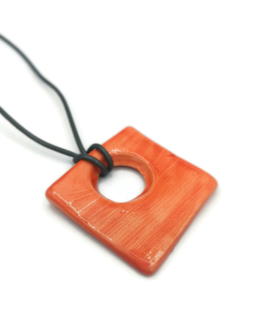 Handmade Ceramic Statement Necklace Pendant for Jewelry Making, Large Orange Geometric Components Square Shaped, Unique Gifts For Mom - Ceramica Ana Rafael