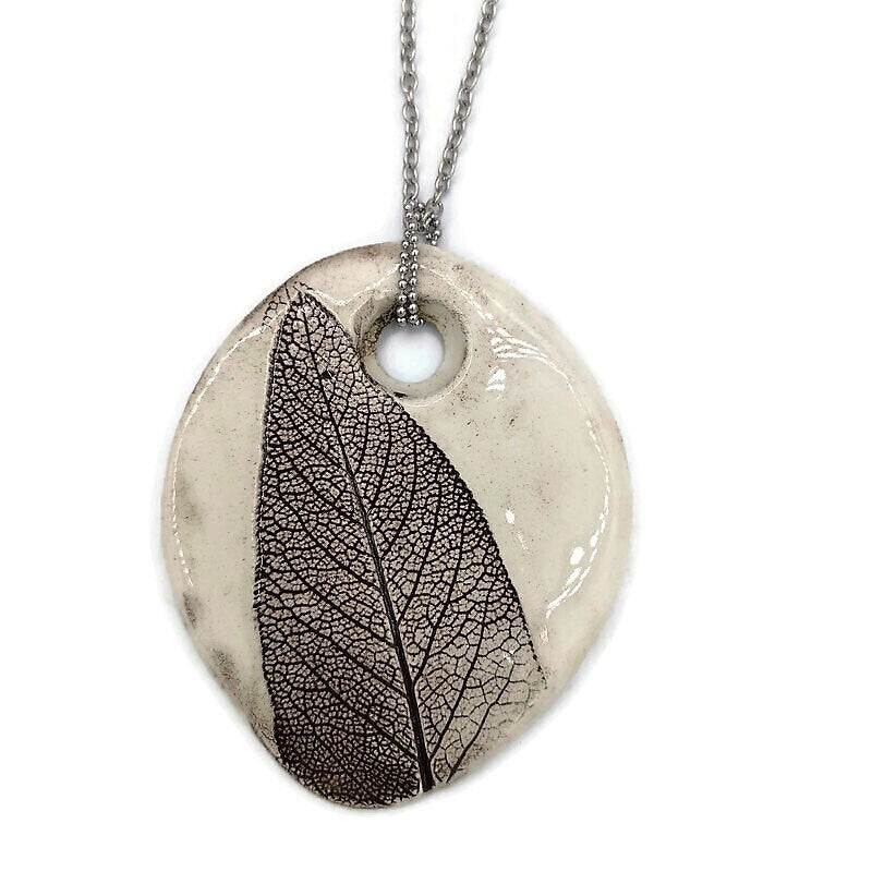 Everyday Sage Leaf Necklace, Pendant Necklace, Large Statement Necklace, Plant Mom Gift For Women, Handmade Ceramic Jewelry, Step Mom Gift - Ceramica Ana Rafael