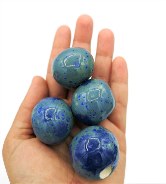 1Pc Blue Handmade Ceramic Macrame Bead Large Hole, Unique Clay Beads For jewelry Making Supplies, Extra Large Focal Point Beads For Crafts