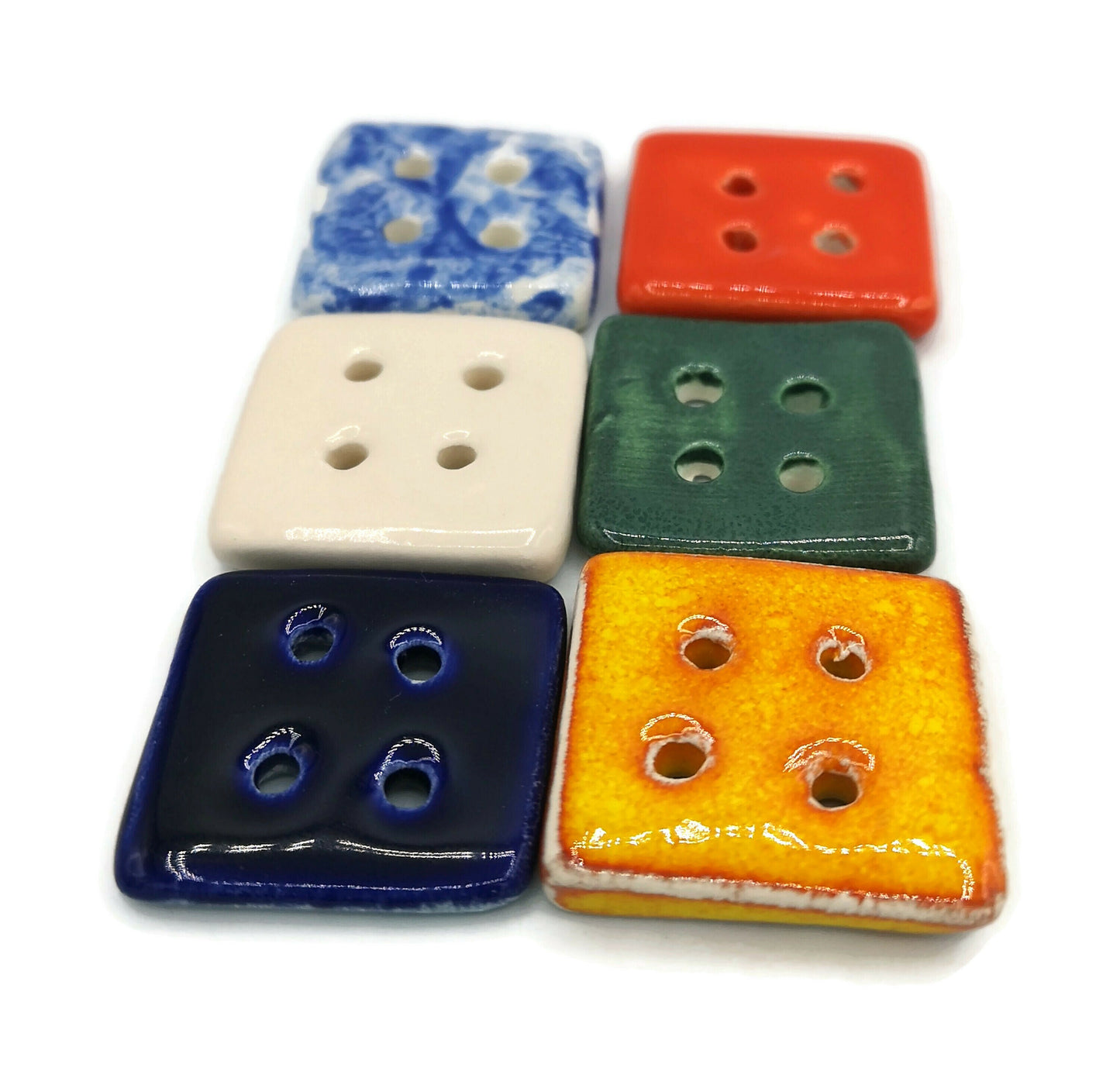 6Pc 30mm Handmade Ceramic Extra Large Sewing Buttons, Novelty Buttons For Crafts, Unusual Square Colourful Buttons For Coat Or Jacket - Ceramica Ana Rafael