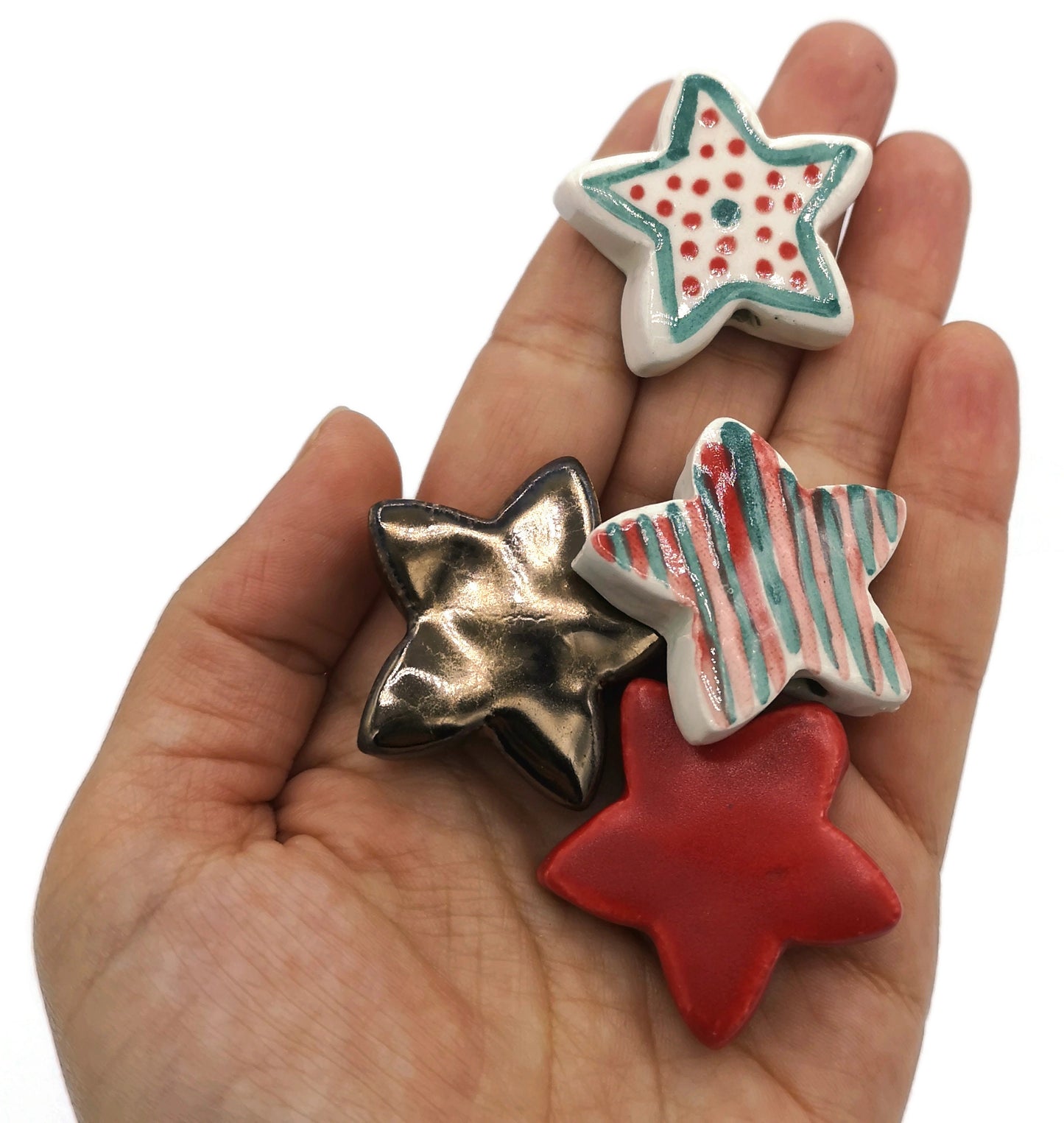 4Pcs 35mm Extra Large Handmade Ceramic Star Beads For Christmas Themed Jewelry Making, Assorted Clay Macrame Beads Large Hole 2mm - Ceramica Ana Rafael