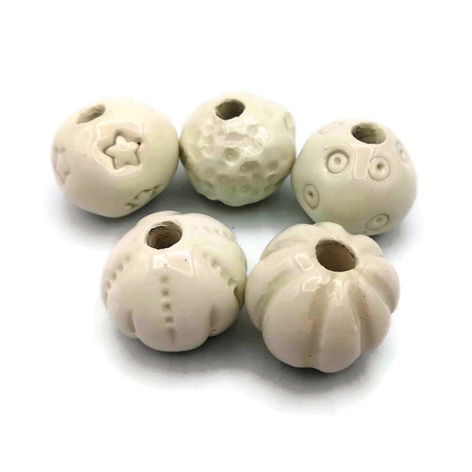 5Pc 30mm Handmade Ceramic Textured Round Beads, Clay Beads for Jewelry Making and Macrame Supplies, Large Hole Beads - Ceramica Ana Rafael