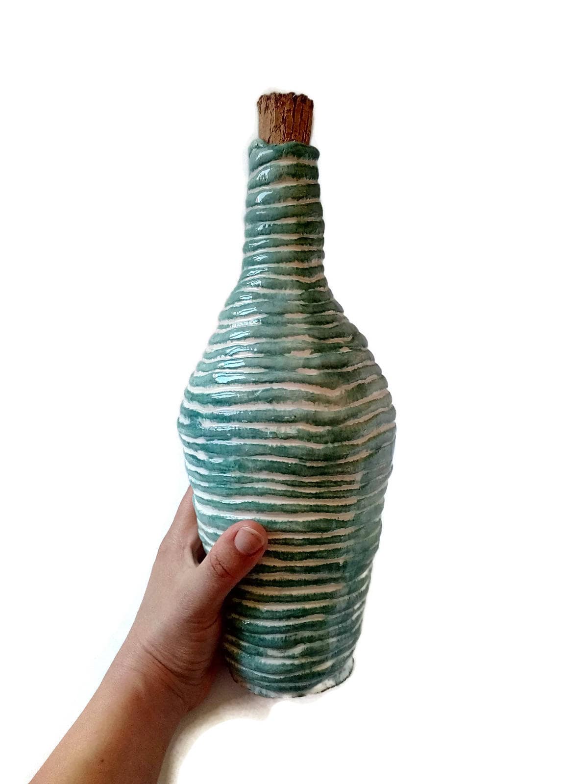 Handmade Ceramic Decorative Bottle With Cork Stopper, Housewarming Gift First Home, Green Irregular Shaped Vase Textured - Ceramica Ana Rafael