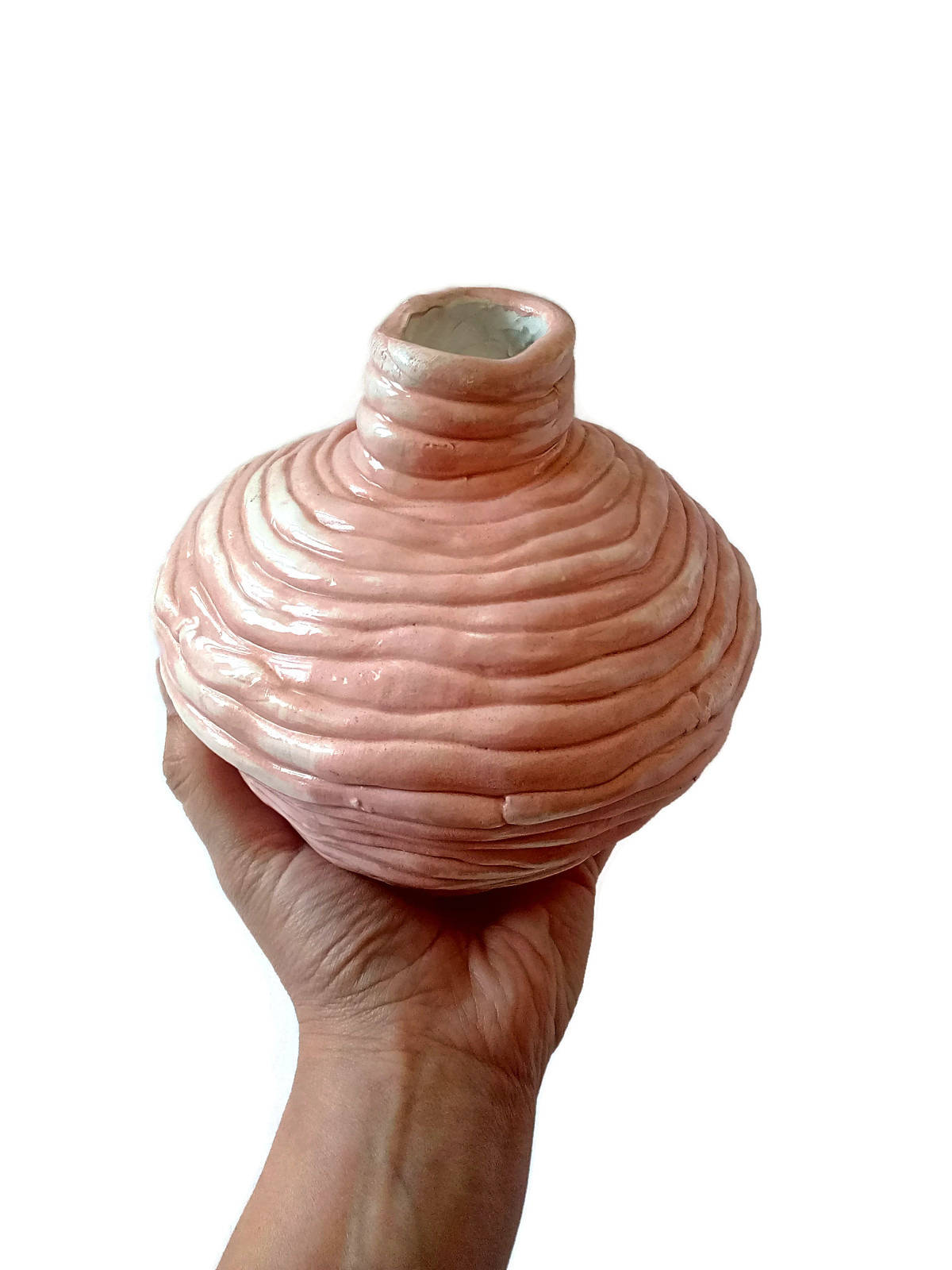 Handmade Ceramic Sculptural Pink Vase For Home Decor, Unique Textured Organic Shape Mid Century Modern Pottery 9th-anniversary gift for wife - Ceramica Ana Rafael