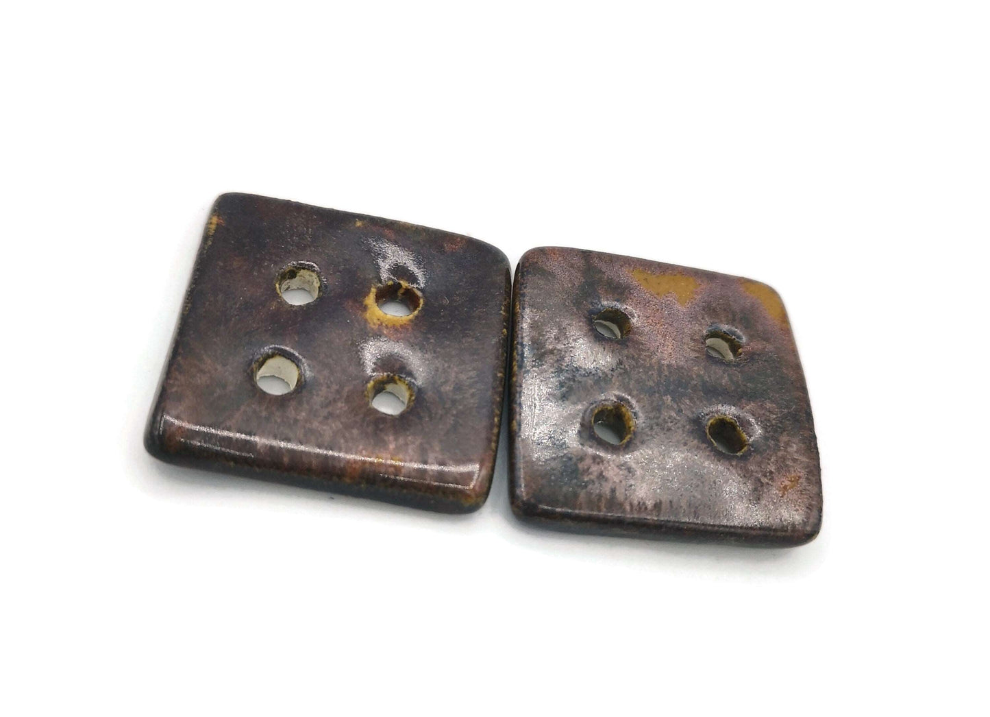 2Pc 30mm Handmade Ceramic Sewing Buttons, Square 4 Hole Buttons for Crafts, Sparkly Brown Large Buttons for Coat