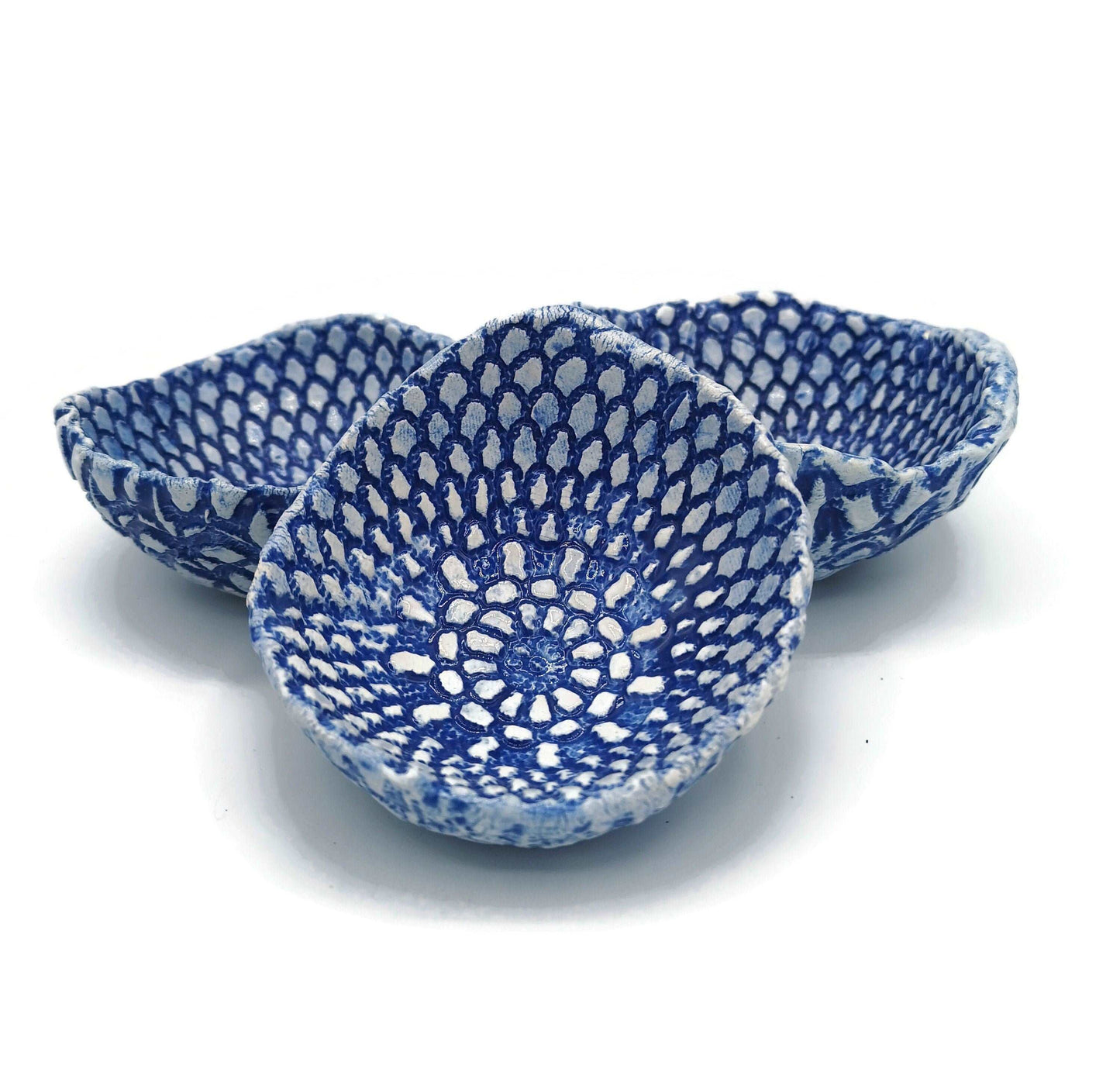 3Pc Handmade Ceramic Lace Texture Blue Trinket Bowl, Clay Ring Dish Bridal Shower Favors, Mothers Day Gift From Daughter Best Seller - Ceramica Ana Rafael