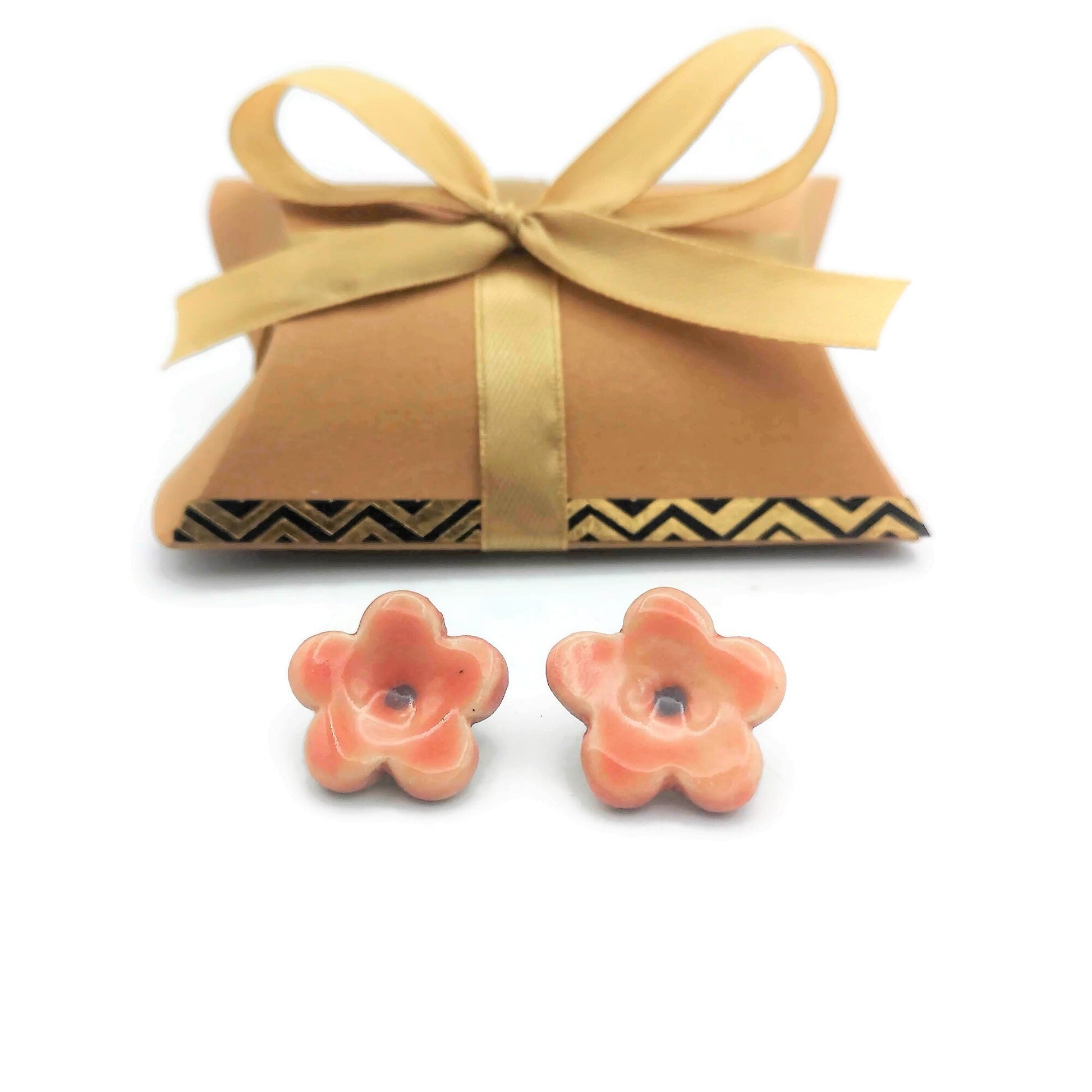 Pink Flower Stud Earrings, Ceramic Dainty Earrings Cute Jewelry For Teen Girl Gifts, Small Clay Boho Designer Earrings, Best Gifts For Her - Ceramica Ana Rafael