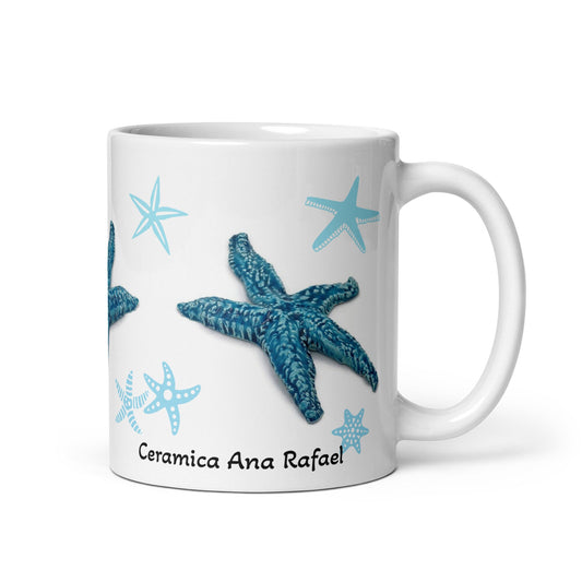 Taza de cerámica hecha a mano azul con decoración de estrella de mar, taza de café grande de 11 oz, los mejores regalos de cumpleaños tropicales para los amantes del mar