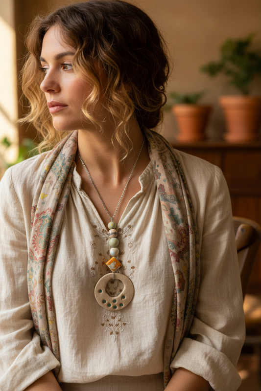 Handmade Ceramic Statement Pendant Necklace – Boho Long Jewelry for Women