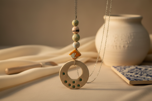 Handmade Ceramic Statement Pendant Necklace – Boho Long Jewelry for Women