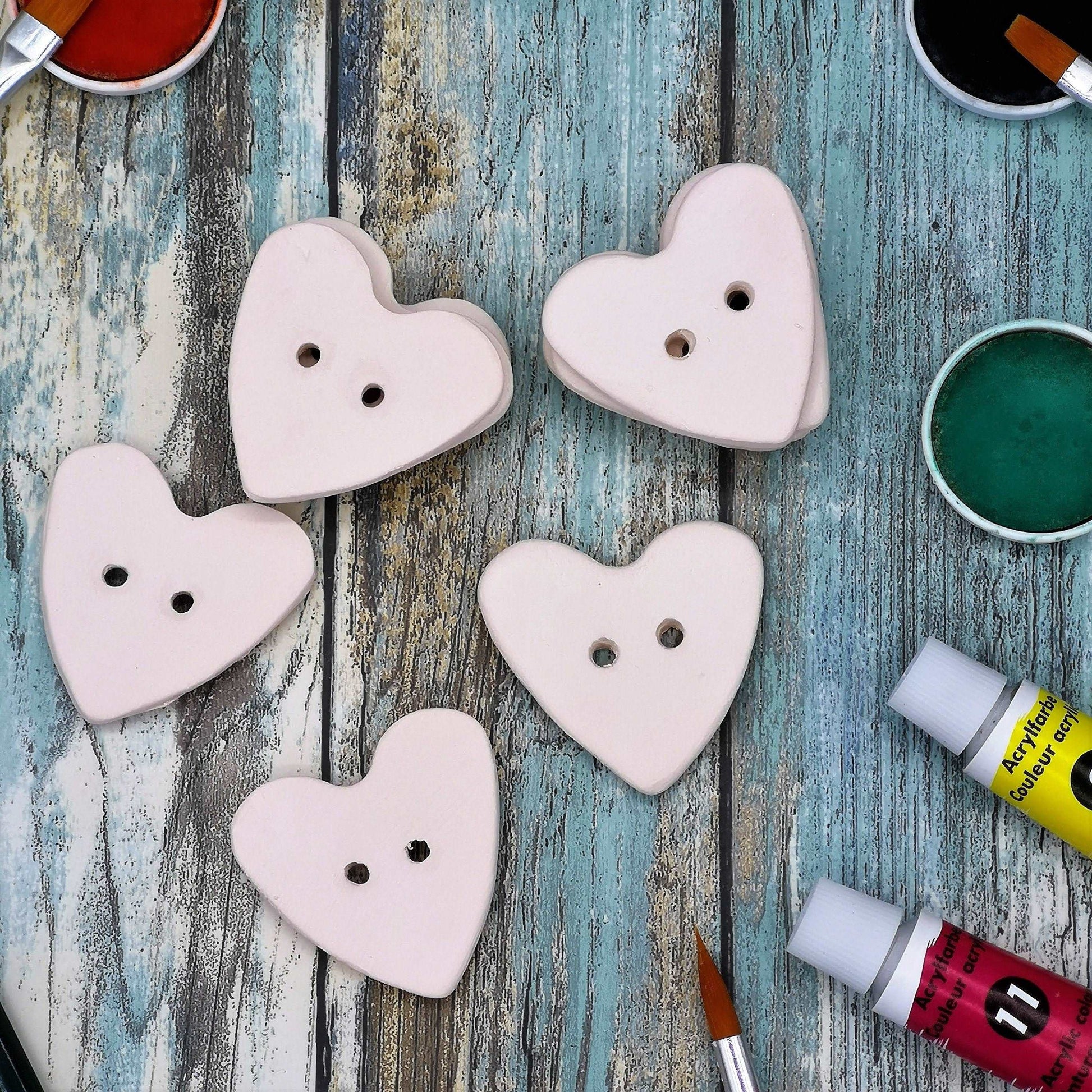 10Pc Large Heart Sewing Buttons Blank, Unpainted Ceramic Bisque Ready To Paint, Best Sellers Do It Yourself
