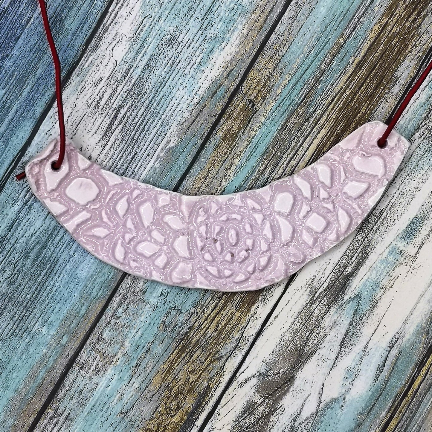 Handmade Ceramic Extra Large Pendant For Bib Necklace Making, Pink Textured Jewelry Supplies, Lace Pattern Porcelain Pendant - Ceramica Ana Rafael