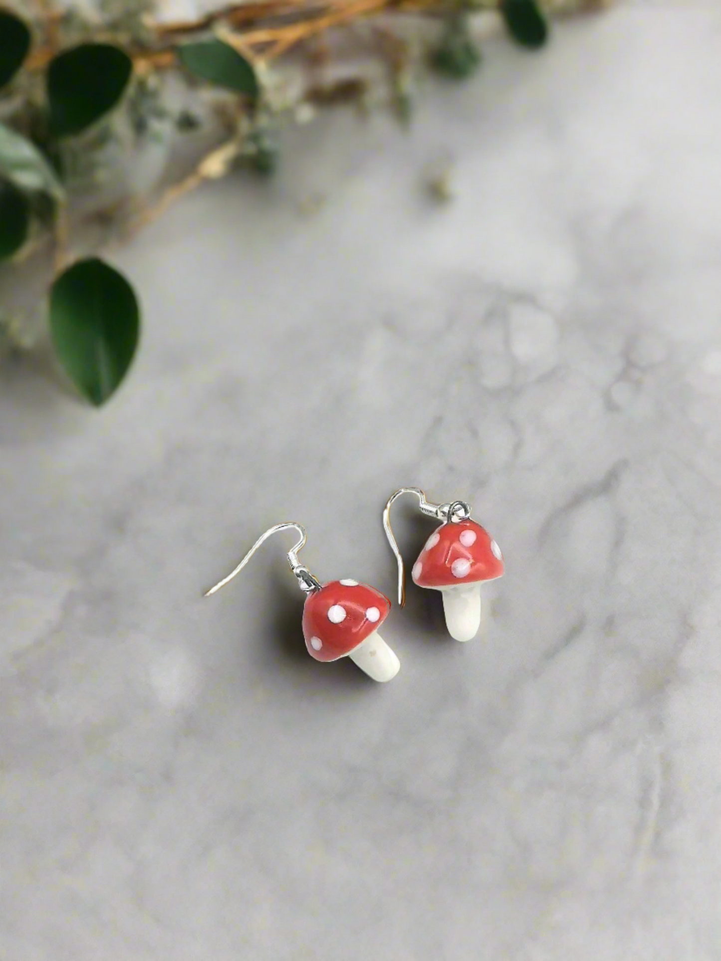Handmade Ceramic Red Mushroom Earrings For Women, Cottagecore Artisan Jewelry Gift For Her, Best Boho Sterling Silver Cute Dangle Earrings