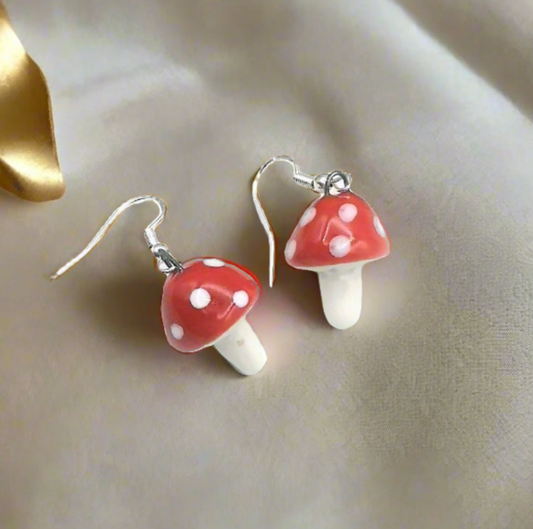 Handmade Ceramic Red Mushroom Earrings For Women, Cottagecore Artisan Jewelry Gift For Her, Best Boho Sterling Silver Cute Dangle Earrings
