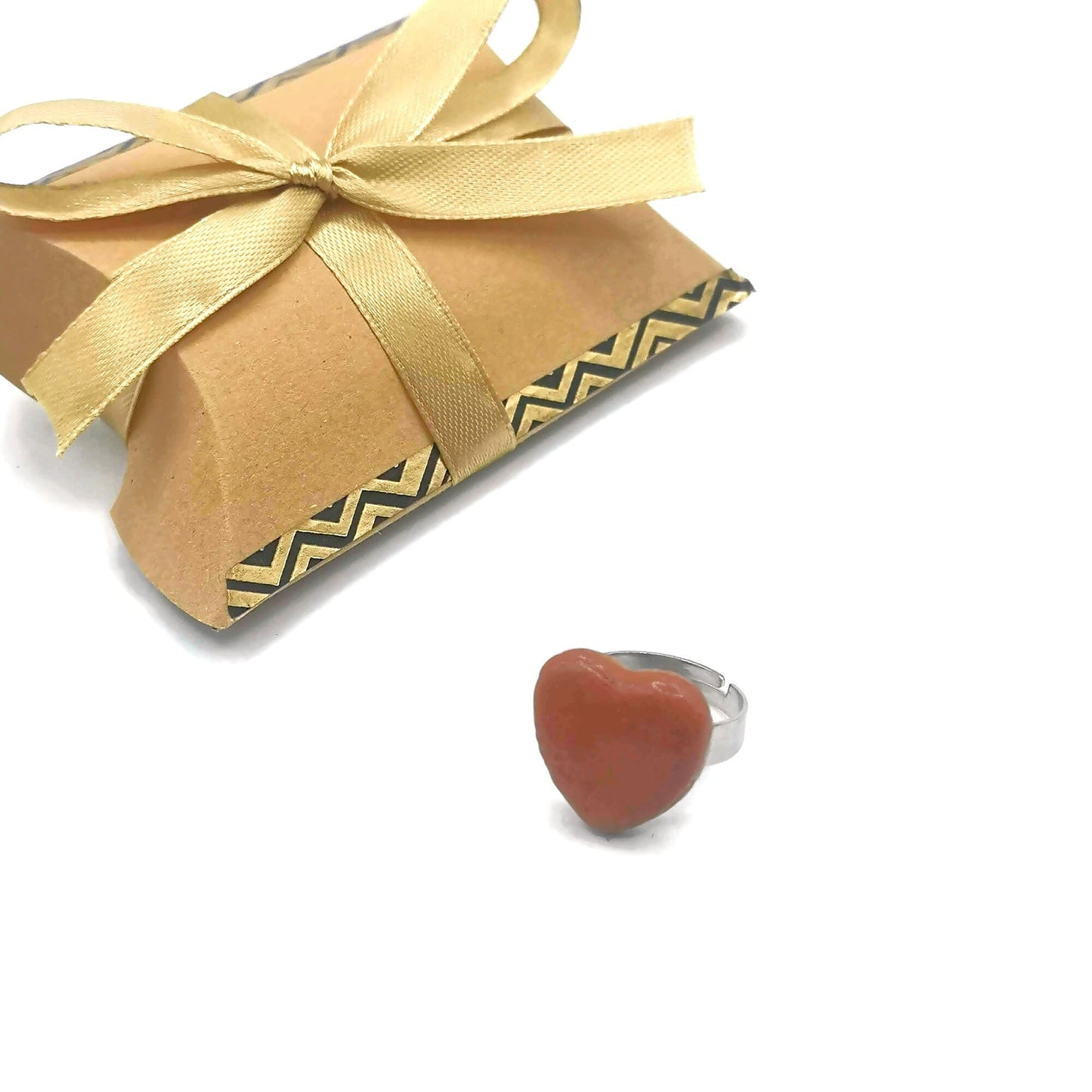Handmade Large Statement Terracotta Heart Ring For Women, Unique Stainless Steel Adjustable Ring, Best Birthday Gifts For Her - Ceramica Ana Rafael