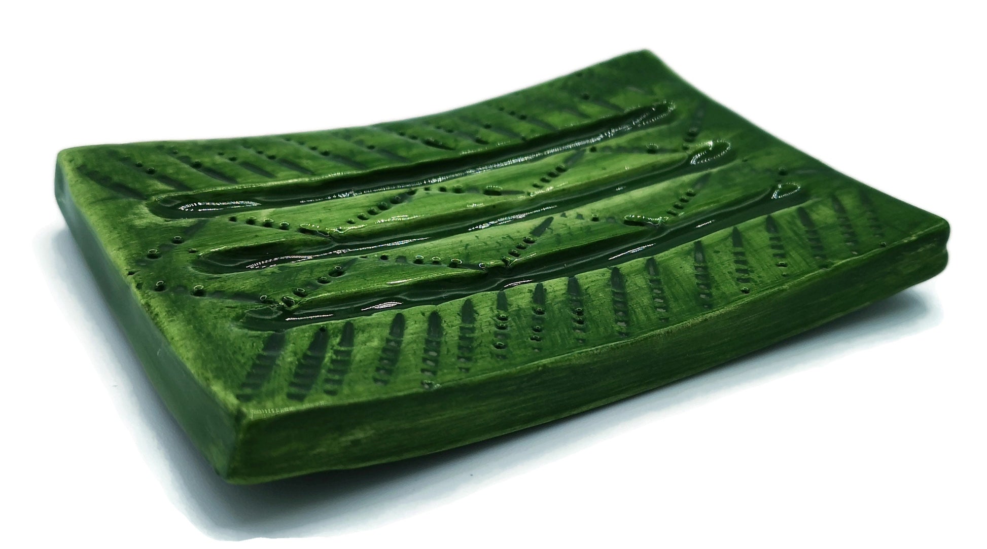 Green Handmade Ceramic Soap Dish Textured, Rectangle Clay Soap Bar Holder With Drain For Bathroom, Zero Waste Pottery Sponge Holder - Ceramica Ana Rafael