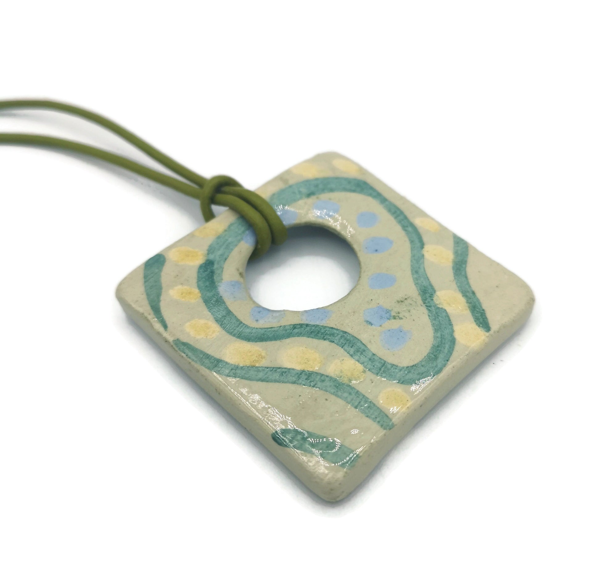 Geometric Necklace Pendant For Jewelry Making, Large Handmade Ceramic Components Artisan Hand Painted Square Shape Porcelain Charm For Women - Ceramica Ana Rafael