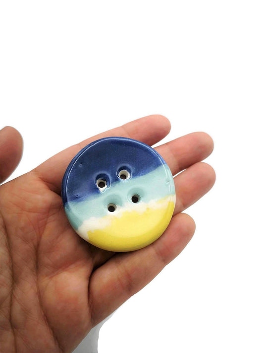 1Pc Handmade Ceramic Extra Large Buttons, Blue And Yellow Decorative Sewing Supplies And Notions, 4 Holes Novelty Beach Themed Coat Buttons - Ceramica Ana Rafael