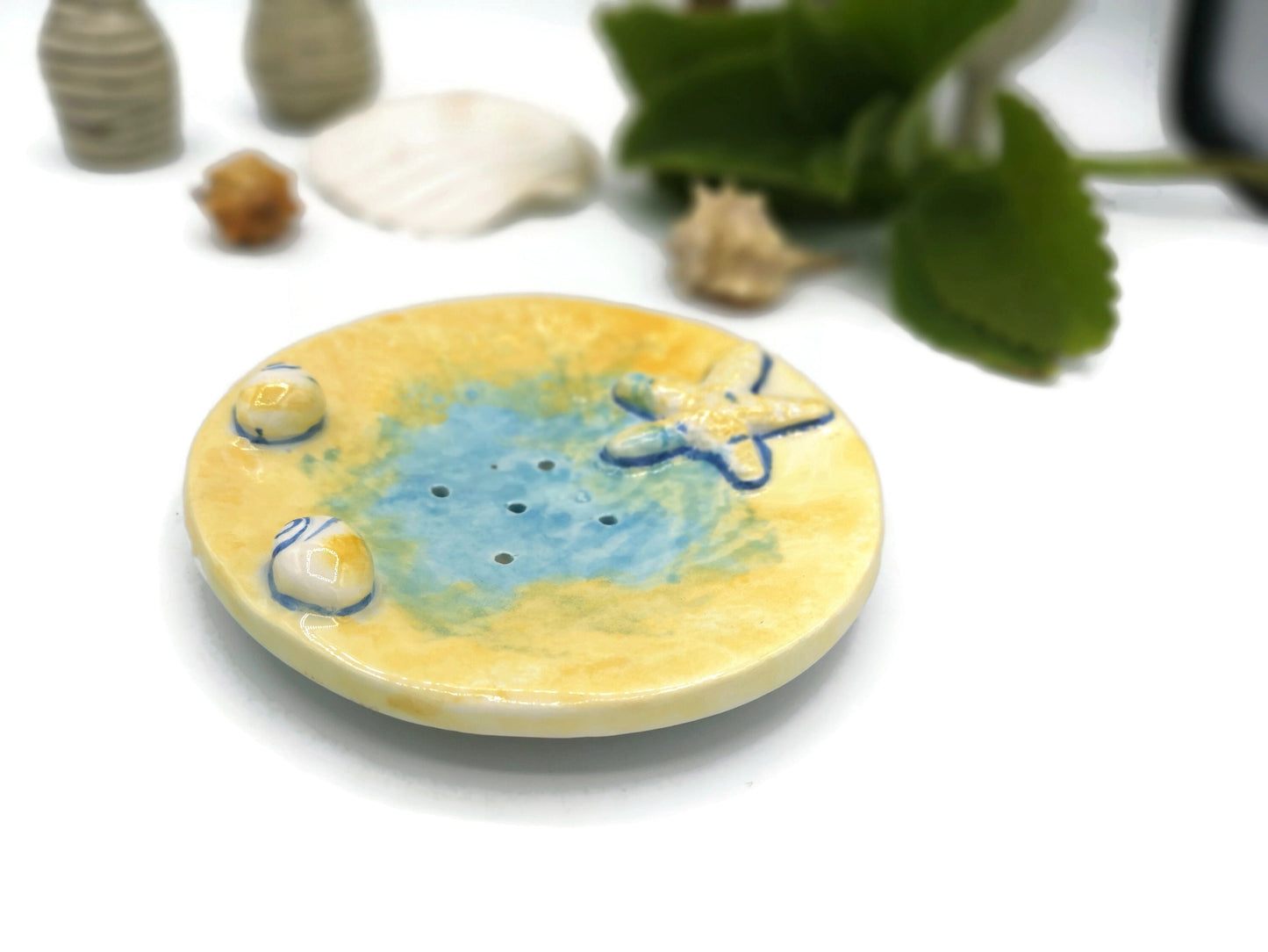 Handmade Ceramic Soap Dish Dispenser For Soap Bar With Drain Holes, Yellow Round Beach Themed Starfish Eco Friendly Bathroom Accessories - Ceramica Ana Rafael