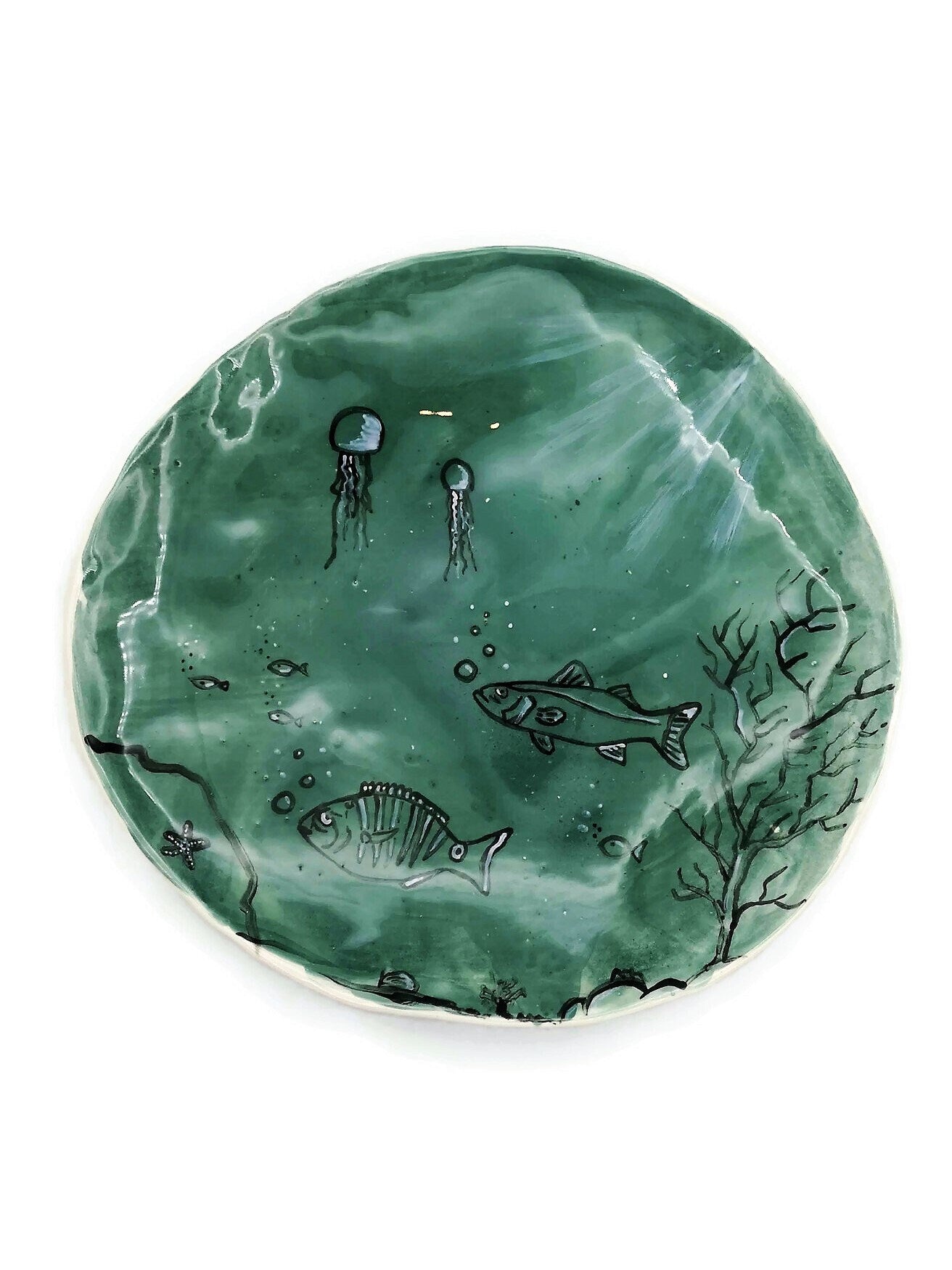 Large Handmade Ceramic Plate, Ocean Home Decor For Wall Display, Green Portuguese Pottery Unique Dinner Plates, Serving Cake Platter - Ceramica Ana Rafael