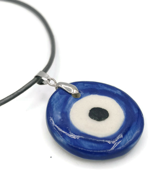 Large evil eye pendant for necklace, ceramic pendants for jewelry making supplies, DIY gift for mom, bohemian pendant round - Ceramica Ana Rafael