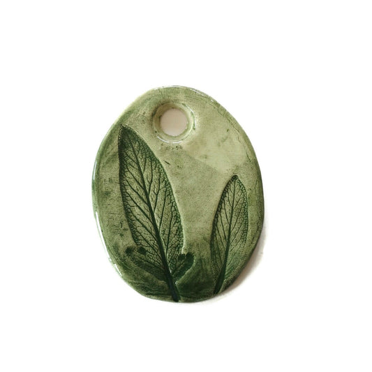 Artisan Extra Large Green Necklace Pendant For Handmade Ceramic Jewelry Making, Pressed Sage Leaves Clay Charms, Statement Eclectic Jewelry - Ceramica Ana Rafael