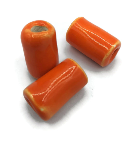 3Pc 25mm Orange Extra Large Handmade Ceramic Tube Beads For Jewelry Making, Macrame Beads Large Hole 5mm Long Clay Beads For DIY Crafts