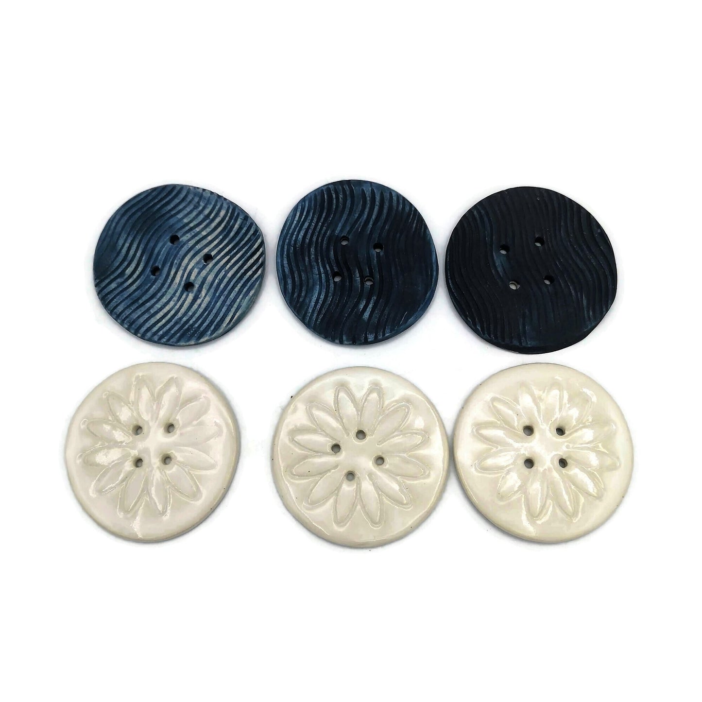 6Pc 65mm Giant Sewing Buttons, Handmade Ceramic Coat Buttons With Flower And Waves Design, Decorative Novelty Buttons for Crafts Extra Large - Ceramica Ana Rafael