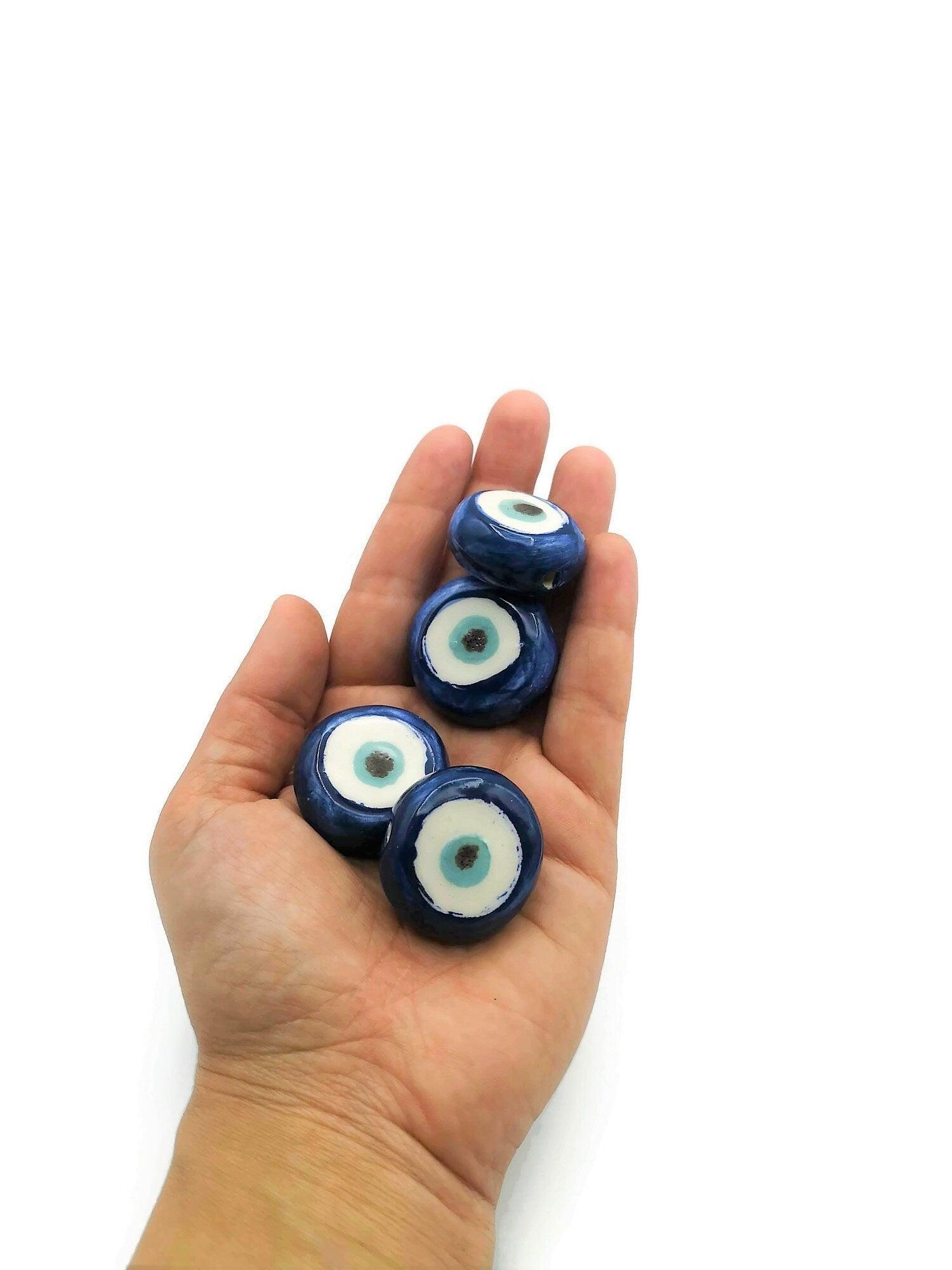 1Pc Blue Evil Eye Beads For Jewelry Making, Handmade Ceramic Macrame Beads, Extra Large Clay Beads, Round Unusual Decorative Porcelain Beads - Ceramica Ana Rafael
